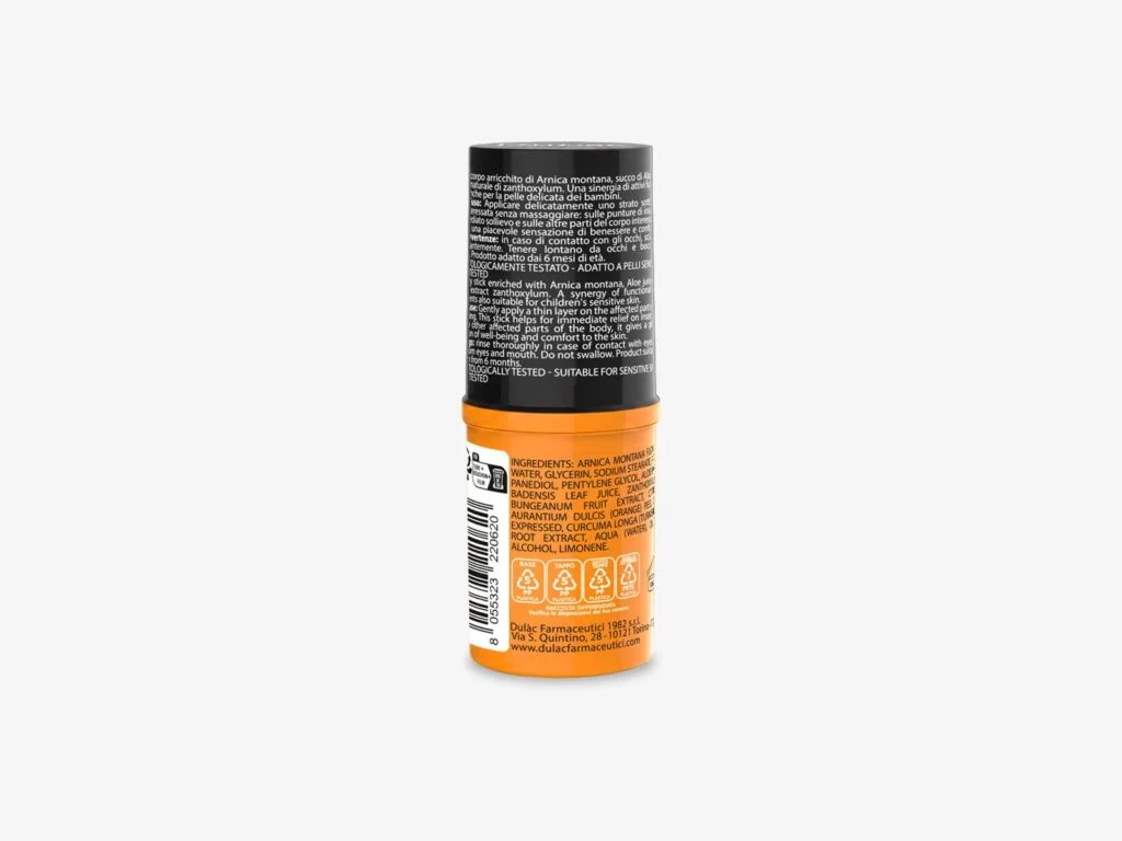 Arnica 98 Kids Stick 15 ml – Idratazione e Sollievo DuLac — confezione retro con gli ingredienti
