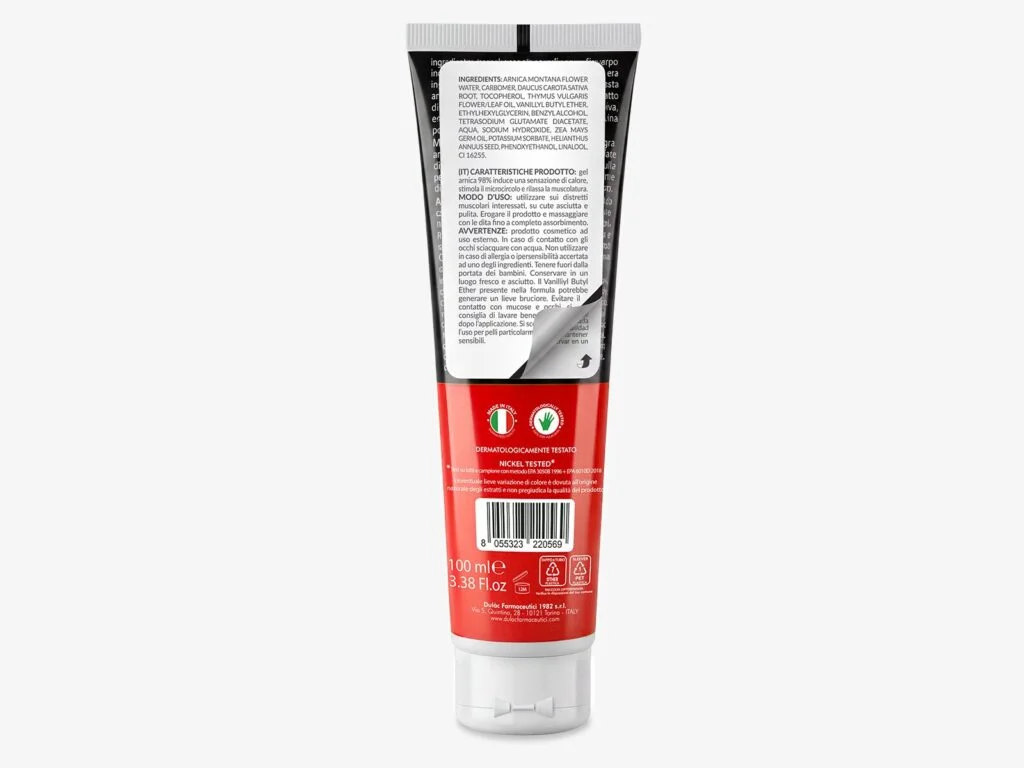 Arnica Gel 98% Effetto Caldo 100 ml DuLac — confezione retro con gli ingredienti