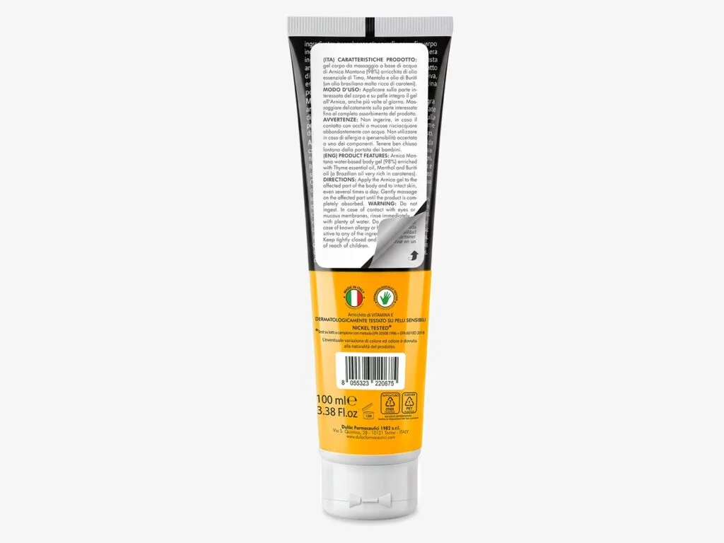 Arnica Gel 98% Extra Forte 100 ml DuLac — confezione retro con gli ingredienti