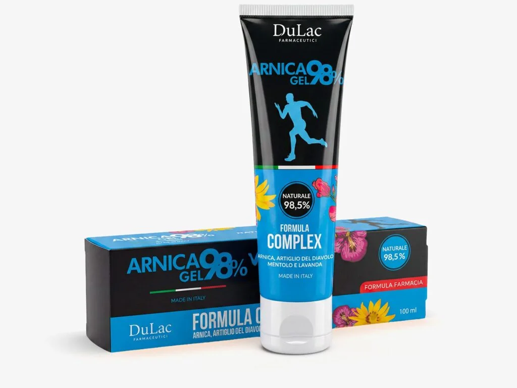 Arnica Gel 98% Formula Complex 100ml con Artiglio del Diavolo DuLac — confezione e prodotto