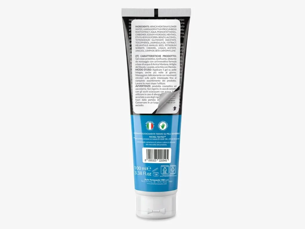 Arnica Gel 98% Formula Complex 100ml con Artiglio del Diavolo DuLac — confezione retro con gli ingredienti