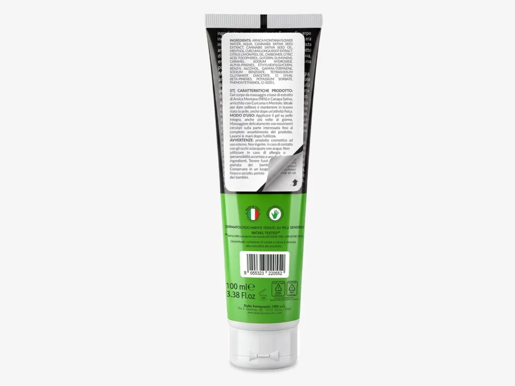 Arnica Gel Formula Hemp 100ml con Canapa Sativa DuLac — confezione retro con gli ingredienti