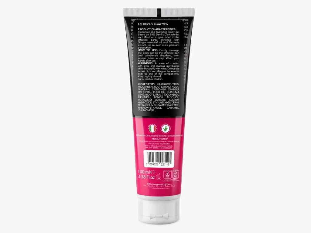 Artiglio del Diavolo Gel 98% Extra Forte 100 ml DuLac — confezione retro con gli ingredienti