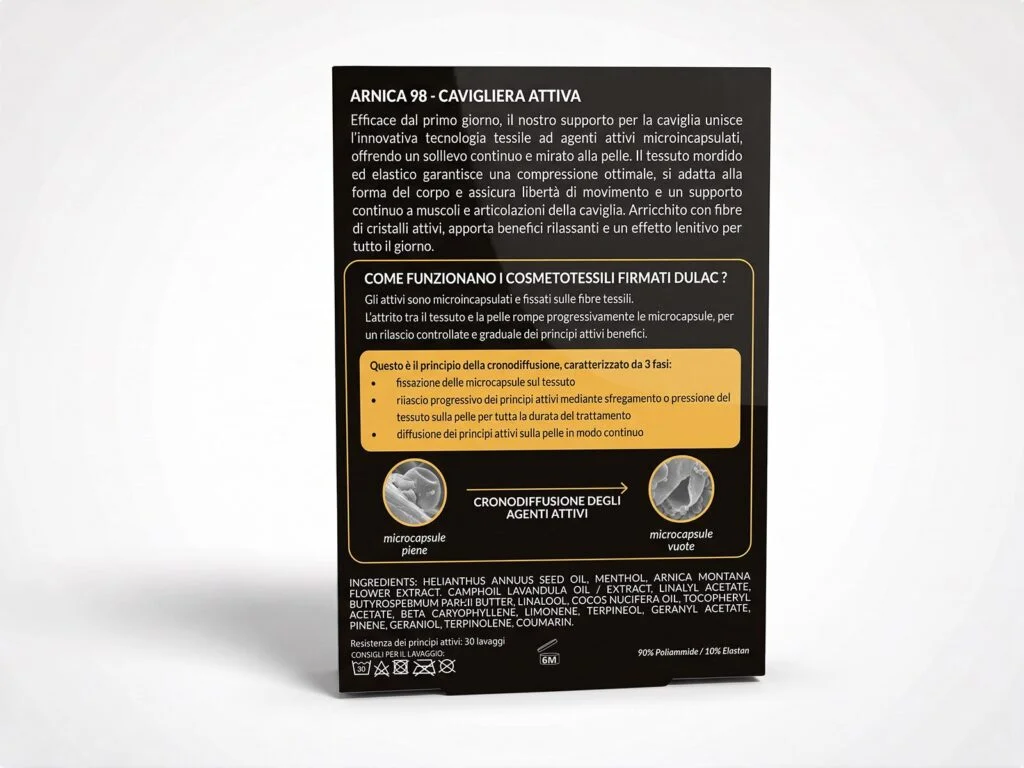 Cavigliera Attiva Arnica 98 DuLac — confezione retro con gli ingredienti