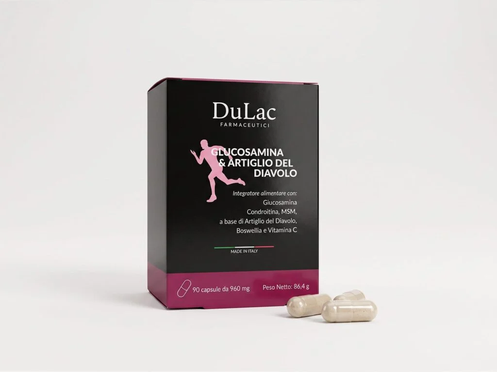 Glucosamina e Artiglio del Diavolo Integratore 90 capsule DuLac — confezione e prodotto
