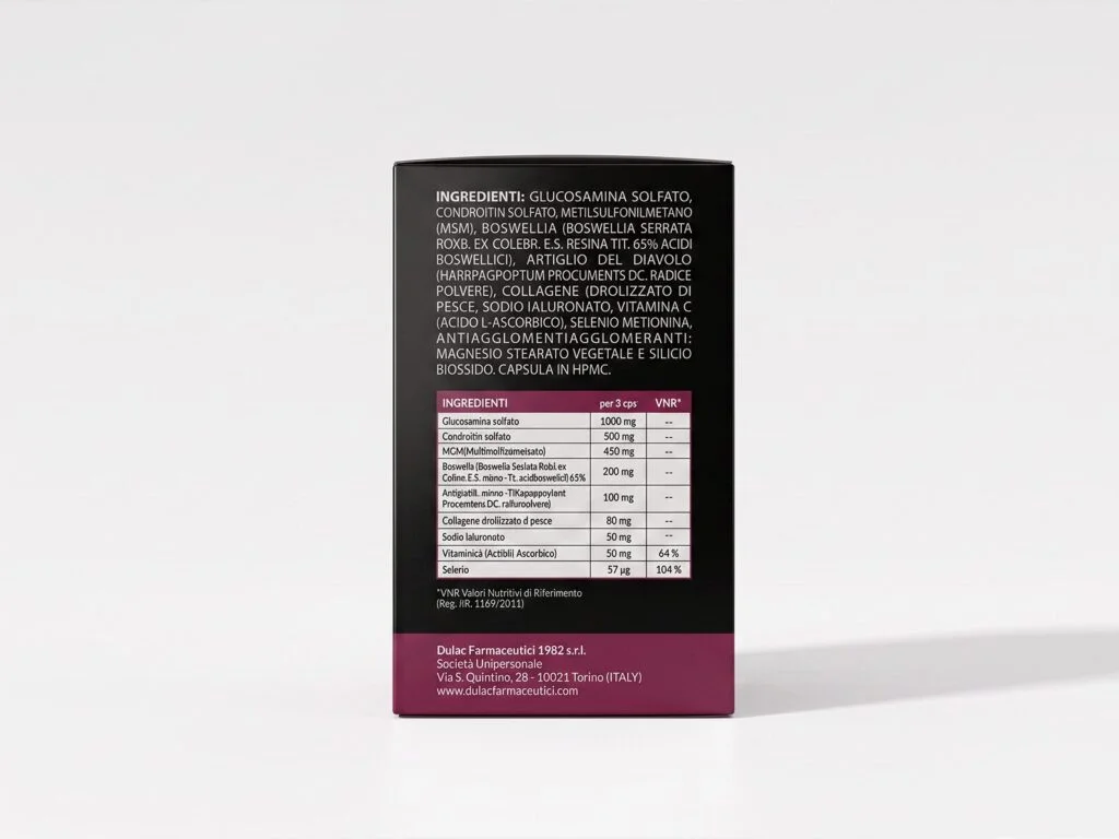 Glucosamina e Artiglio del Diavolo Integratore 90 capsule DuLac — confezione retro con gli ingredienti