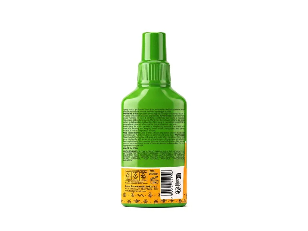 NoZzz Spray Kids – Spray Corpo per Bambini 100ml DuLac — confezione retro con gli ingredienti