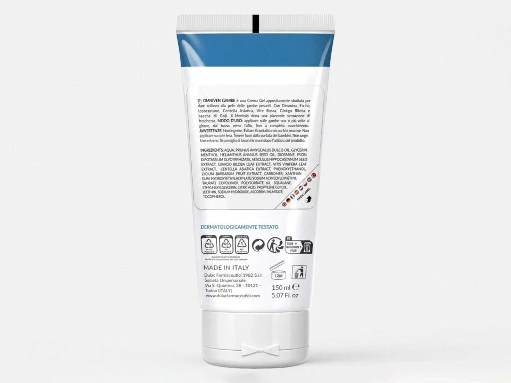 Omniven Gambe – Crema per Gambe Pesanti 150ml DuLac — confezione retro con gli ingredienti