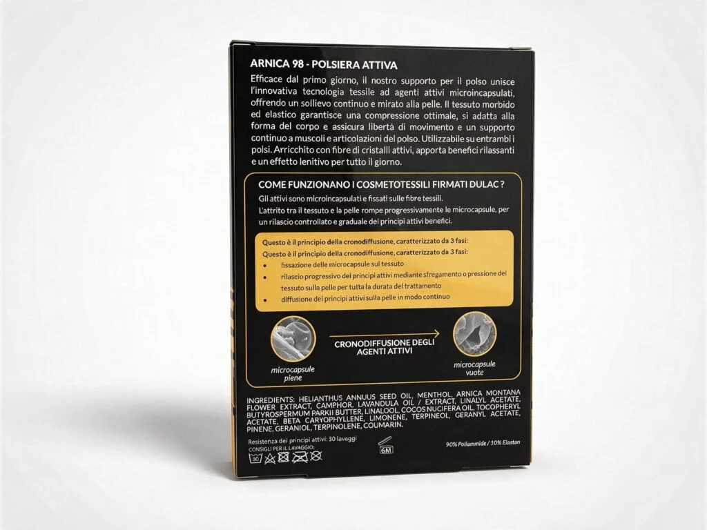 Polsiera Attiva Arnica 98 DuLac — confezione retro con gli ingredienti