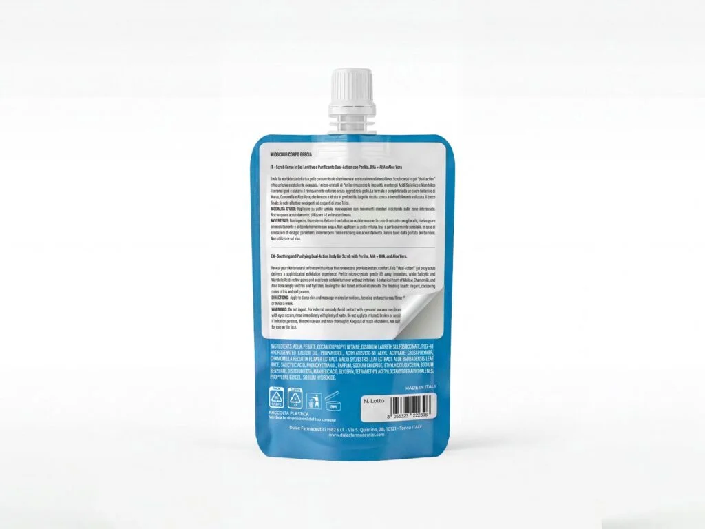 Scrub Corpo Grecia – Lenitivo e Purificante DuLac — confezione retro con gli ingredienti