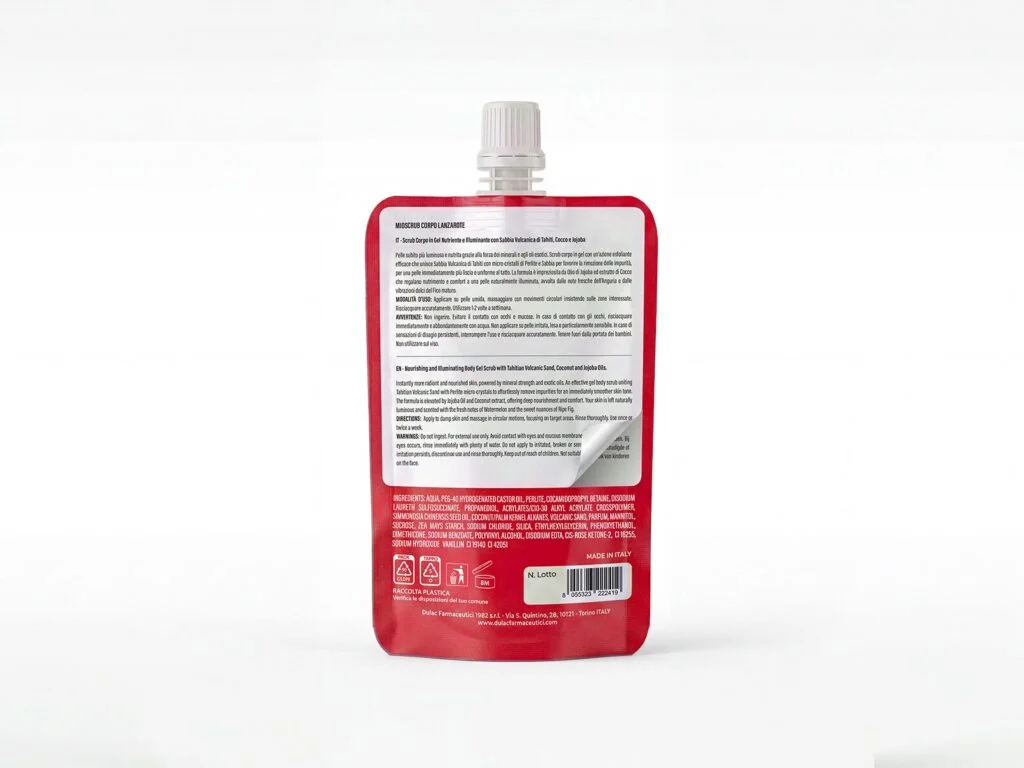 Scrub Corpo Lanzarote – Nutriente e Illuminante DuLac — confezione retro con gli ingredienti