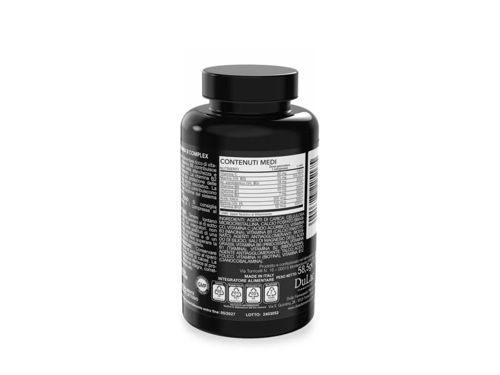 Vitamina B Complex Integratore da 90 compresse DuLac — confezione retro con gli ingredienti